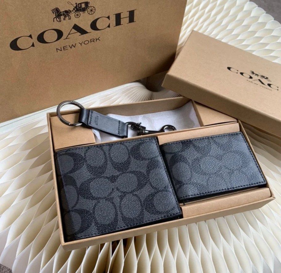Coach Mens Boxed 3 In 1 Wallet Gift Set With Signature Canvas - Black ...