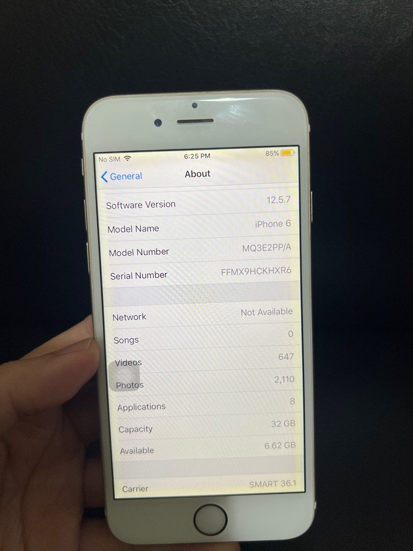 iPhone 6 32gb (Category: iPhone 6 Series) located in Paranaque City. Submitted by obeawan (Listing ID 1355562352, Image 3). Description: RFS: no longer using this phone Smart locked. Battery health 85% Has a dent on the earphone jack but still works just requires effort to plug in headphone Otherwise works well, can do calls and texts and connect to wifi just fine. No screen issues. No charger included..