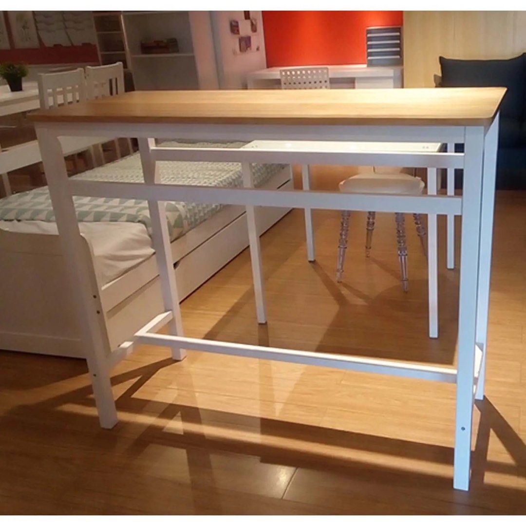 Bar table & Bar stools (Category: Tables & Sets) located in Makati City. Submitted by renzmoj (Listing ID 1350919643, Image 1). Description: Bar table & 2 bar stool set - 7,000 Bar table - 3,500 L: 120cm W: 50cm H: 100cm Ikea Darren Bar Stool (2) - 2,000 per pc L: 43cm W: 50cm H: 84cm Seat Height: 73cm White color All still in good condition As in di masyadong naupuan Yung table pinagpatungan lang.