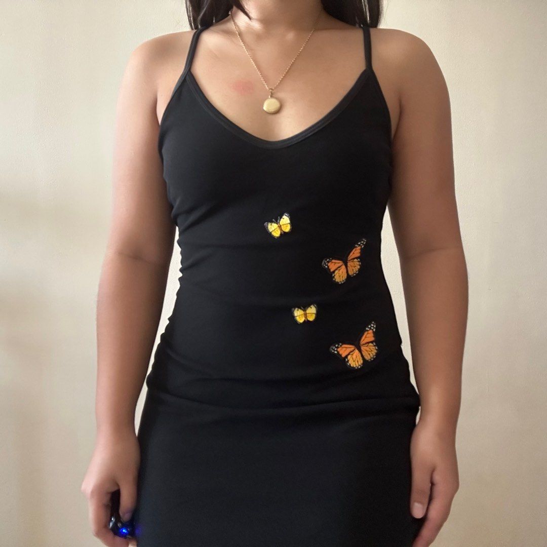 black dress with butterflies (Category: Dresses) located in Calamba. Submitted by krustykren (Listing ID 1350910773, Image 3). Description: bust up to 34” / waist up to 30” / hips up to 38” / length 33” — FAQ - JRS Express delivery (from Laguna); GGX and SDD (from MNL) - MOP: BDO, GCash - 3 days max reservation - no rush shipping.