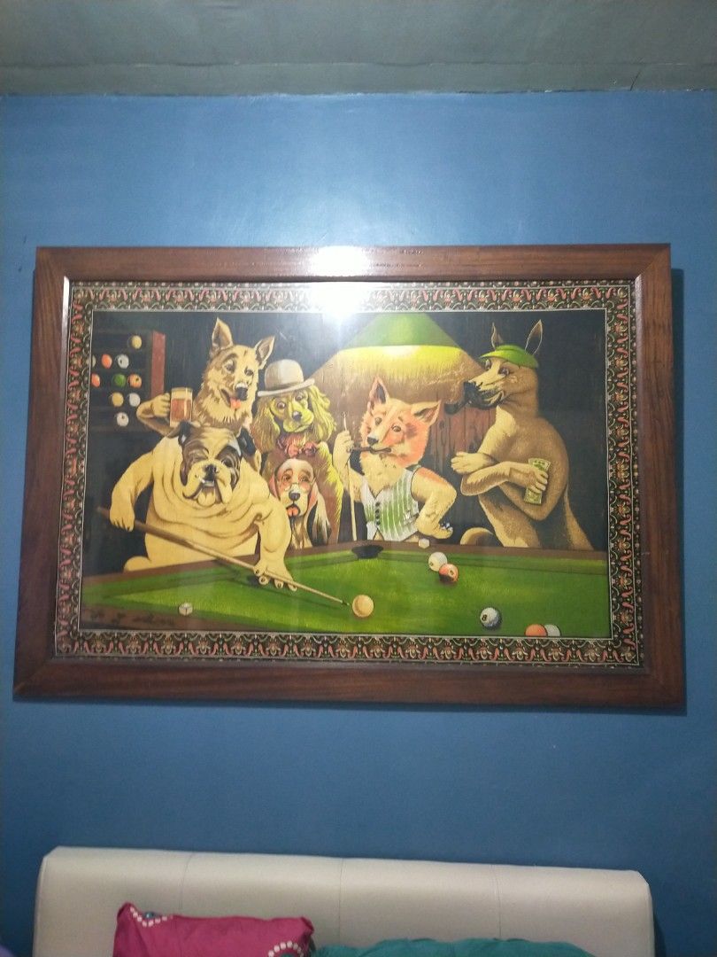 Dogs Playing Billiards/ Pool Rug in Frame (Category: Carpets, Mats & Flooring) located in Quezon City. Submitted by randomthings26 (Listing ID 1350971552, Image 1). Description: Dogs Playing Billiards/ Pool Rug in Frame. Made in Italy. 62.5 x 44 inches including the frame. Price is negotiable. Name your price..