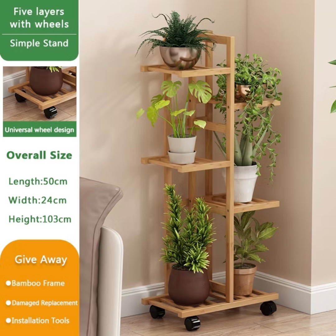 Multilayered Wooden Plant Rack With Wheels | Durable Plant Pot ...