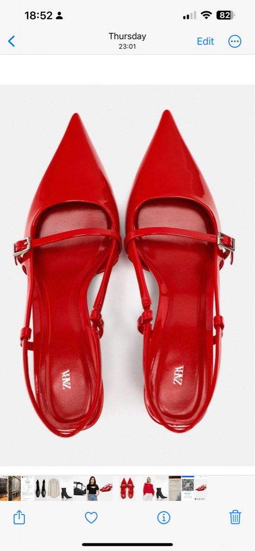 ZARA Red Charol Kitten Heels Slingbacks (size 35) (Category: Heels) located in Taguig. Submitted by bodegawn (Listing ID 1350997073, Image 2). Description: On trend. Comfy height. Can wear all day. Used 2 times . Comes with original dust bag ..