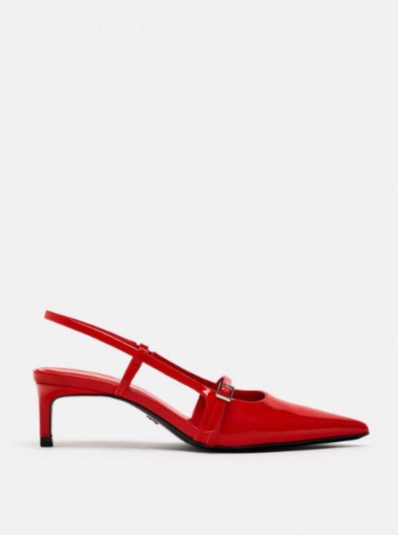 ZARA Red Charol Kitten Heels Slingbacks (size 35) (Category: Heels) located in Taguig. Submitted by bodegawn (Listing ID 1350997073, Image 3). Description: On trend. Comfy height. Can wear all day. Used 2 times . Comes with original dust bag ..