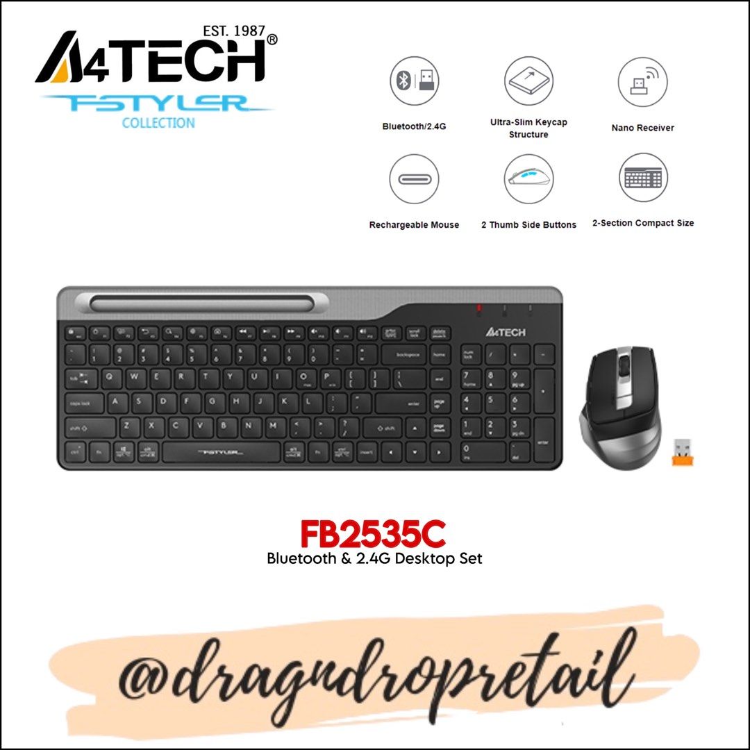 A4TECH FSTYLER FB2535C Bluetooth & 2.4G Wireless Compact Desktop Set, Keyboard and Rechargeable Mouse Combo (Category: Computer Keyboard) located in Quezon City. Submitted by dragndropretail (Listing ID 1351222393, Image 1). Description: BRAND NEW & ORIGINAL WITH 1 YEAR SERVICE WARRANTY ══════ ⋆★⋆ ══════ HIGHLIGHTS: Bluetooth/2.4G Ultra-Slim Keycap Structure 2-Section Compact Size Rechargeable Mouse Nano Receiver 2 Thumb Side Buttons TECH SPECS P