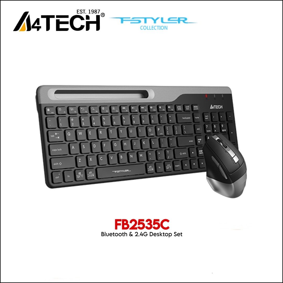 A4TECH FSTYLER FB2535C Bluetooth & 2.4G Wireless Compact Desktop Set, Keyboard and Rechargeable Mouse Combo (Category: Computer Keyboard) located in Quezon City. Submitted by dragndropretail (Listing ID 1351222393, Image 2). Description: BRAND NEW & ORIGINAL WITH 1 YEAR SERVICE WARRANTY ══════ ⋆★⋆ ══════ HIGHLIGHTS: Bluetooth/2.4G Ultra-Slim Keycap Structure 2-Section Compact Size Rechargeable Mouse Nano Receiver 2 Thumb Side Buttons TECH SPECS P