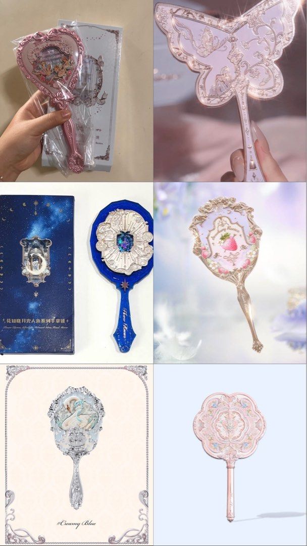 Flower Knows Hand Mirror On Hand (Category: Makeup) located in Manila. Submitted by honeyglow (Listing ID 1331925129, Image 1). Description: swan ballet blue- 1.2k midsummer fairytales mirror- 850 butterfly cloud collar pink/blue mirror- 850 moonlight mermaid blue- 1.2k strawberry violet rococo -950 strawberry rococo pink/blue- 1,350 each all have box and plastic packaging brand new.
