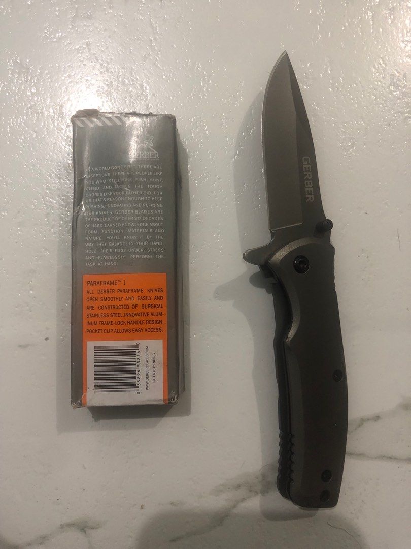 Gerber Utility Knife (Category: Hiking & Camping) located in Pasig City. Submitted by wild_rex_blaza (Listing ID 1351222035, Image 1). Description: Gerber Utility Knife Branded preloved item Gray Alloy 2.0 inches Location: westbank road, Cainta ( pasig border) Pin: Bluestar Lying in clinic Reason for selling: decluttering knife collection. Never nagamit.