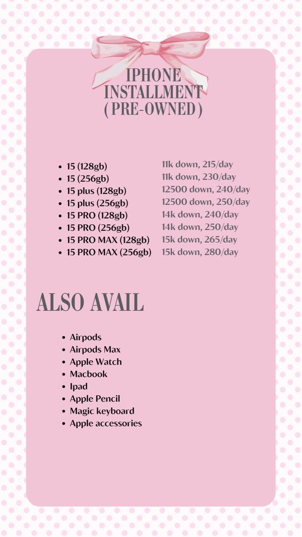 IPHONE INSTALLMENT (Category: iPhone 15 Series) located in Manila. Submitted by cassandraa25030 (Listing ID 1351147771, Image 2). Description: Open for installment all units KALIWAAN DP+200 days to pay ✅will only transact with those who hv public profiles on facebook, has source of income, and can provide pictures w/ valid id FOR MEET UPS ONLY .