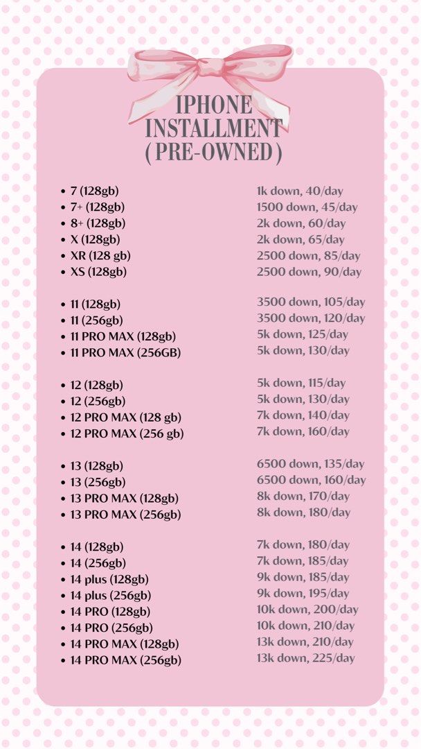 IPHONE INSTALLMENT (Category: iPhone 15 Series) located in Manila. Submitted by cassandraa25030 (Listing ID 1351147771, Image 1). Description: Open for installment all units KALIWAAN DP+200 days to pay ✅will only transact with those who hv public profiles on facebook, has source of income, and can provide pictures w/ valid id FOR MEET UPS ONLY .