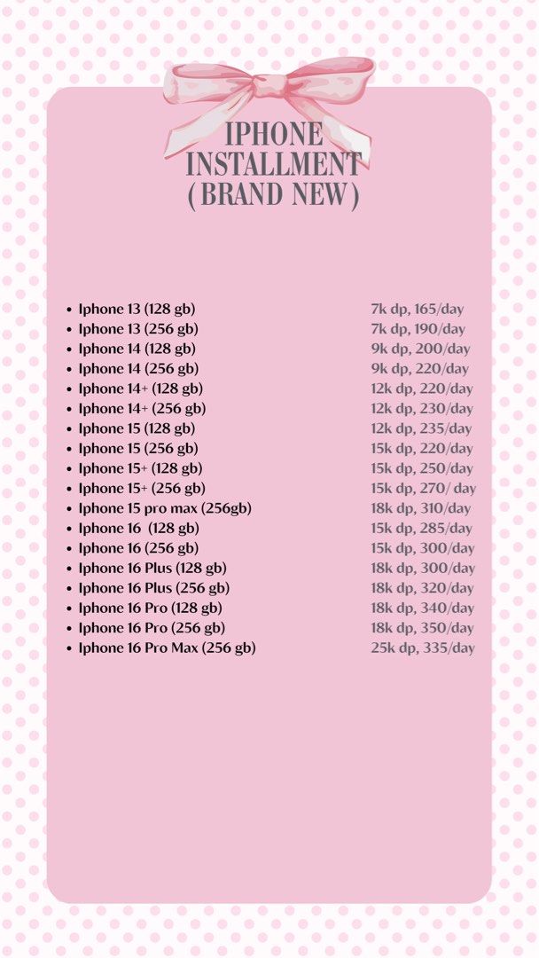 IPHONE INSTALLMENT (Category: iPhone 15 Series) located in Manila. Submitted by cassandraa25030 (Listing ID 1351147771, Image 3). Description: Open for installment all units KALIWAAN DP+200 days to pay ✅will only transact with those who hv public profiles on facebook, has source of income, and can provide pictures w/ valid id FOR MEET UPS ONLY .