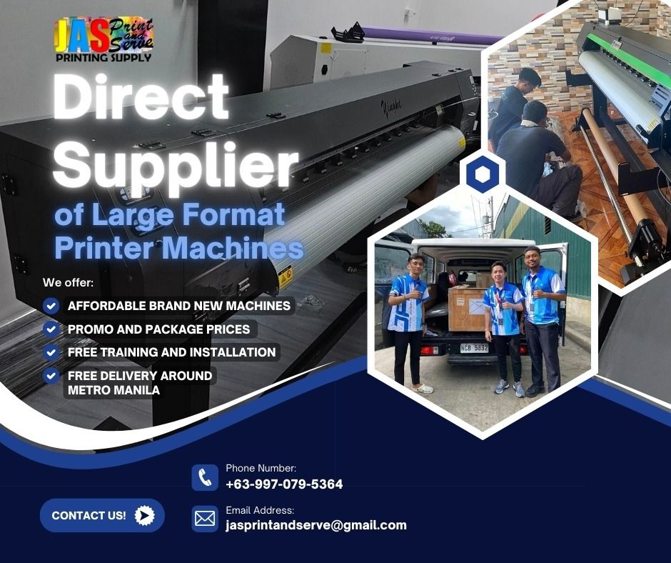 LARGE FORMAT PRINTER IN DIFFERENT SIZES (ECO-SOLVENT/TARPAULIN & SUBLIMATION PRINTER) (Category: Printers, Scanners & Copiers) located in Manila. Submitted by rjballos (Listing ID 1351119881, Image 1). Description: Want to start your own printing business but you’re on a budget? May it be for shirt printing, sublimation, tarpaulin, stickers or more. We got you! Start your printing business with the best quality and most affordable printer machine
