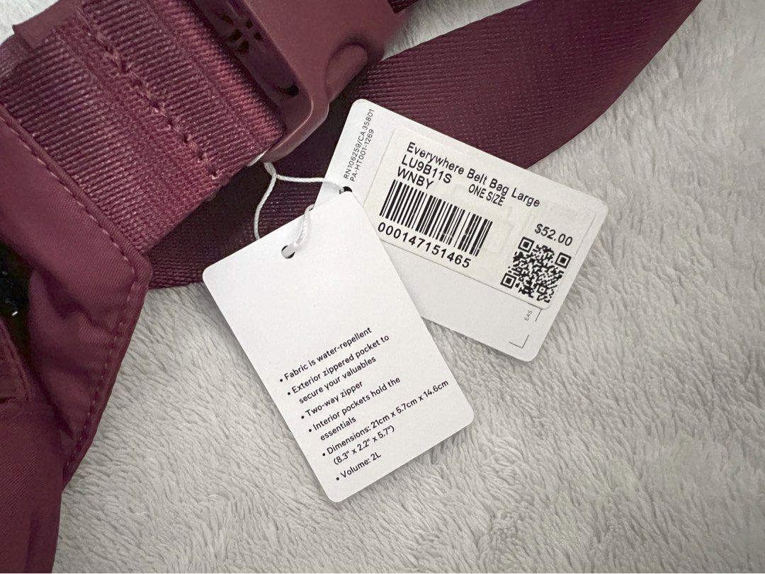 Lululemon Everywhere Belt Bag 2L (Category: Cross-body Bags) located in Rizal. Submitted by raine.1124 (Listing ID 1351122346, Image 3). Description: ▫️Lululemon Everywhere Belt Bag 2L ▫️Brand new with tag ▫️Color: Wineberry ▫️Comes with reusable ecobag ▫️Shipping fee excluded (grab or lalamove within MM only).