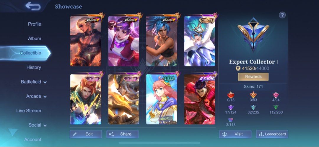 ML Account (Category: Others) located in Cagayan de Oro. Submitted by yassi_up (Listing ID 1350861388, Image 2). Description: (NEGOTIABLE) Skins Total = 170 1 Collector - DreamCaster Harley 3 KOF - Gusion, Guinevere, & Karina 3 S.T.U.N. - (Complete) 2 Zodiac - Minotaur & Lancelot 2 Luckybox - Claude & Martis 2 LightBorn - Harith & Granger 1 Clouds - Kagura 10 Epic Skins 17 Special 32 Elite 111 Common 3 Painted Other inclusions: - 100 Magic Core -