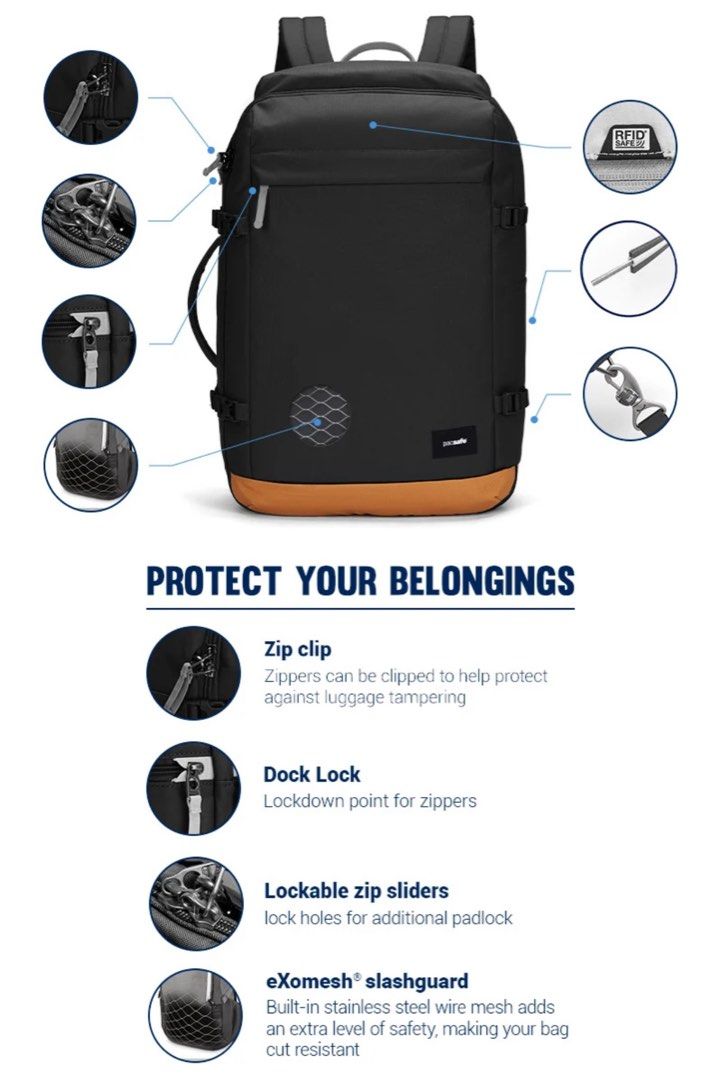 Pacsafe Backpack (Category: Backpacks) located in Quezon City. Submitted by derkmann168 (Listing ID 1349724602, Image 1). Description: Pacsafe Go Backpack 44L Condition: Like New (used once only) Travel backpack with security safety features Perfect for carryon and packs alot for a week of travel. Features * Made with recycled PET * PFC-free water repellent shell fabric * Carry-on friendly, complies with most international airline carry-on size r