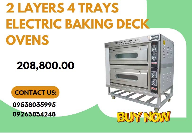 2 Layers 4 Trays Electric Baking Deck Ovens (Category: Ovens & Toasters) located in Caloocan City. Submitted by javierchec55656 (Listing ID 1351266911, Image 1). Description: Model TUNE-YB-2L4P Dimension（L*W*H） 1220*820*1260mm (4.1*2.7*4.2ft) Material Aluminized stainless steel Time Setting 0-99 minutes Voltage 220V 60Hz 3P Power 13.2KW Switch Air switch Capacity 244L Net Weight 140KG Inside Dimension 870*650*220mm Pan Size 400*600mm .