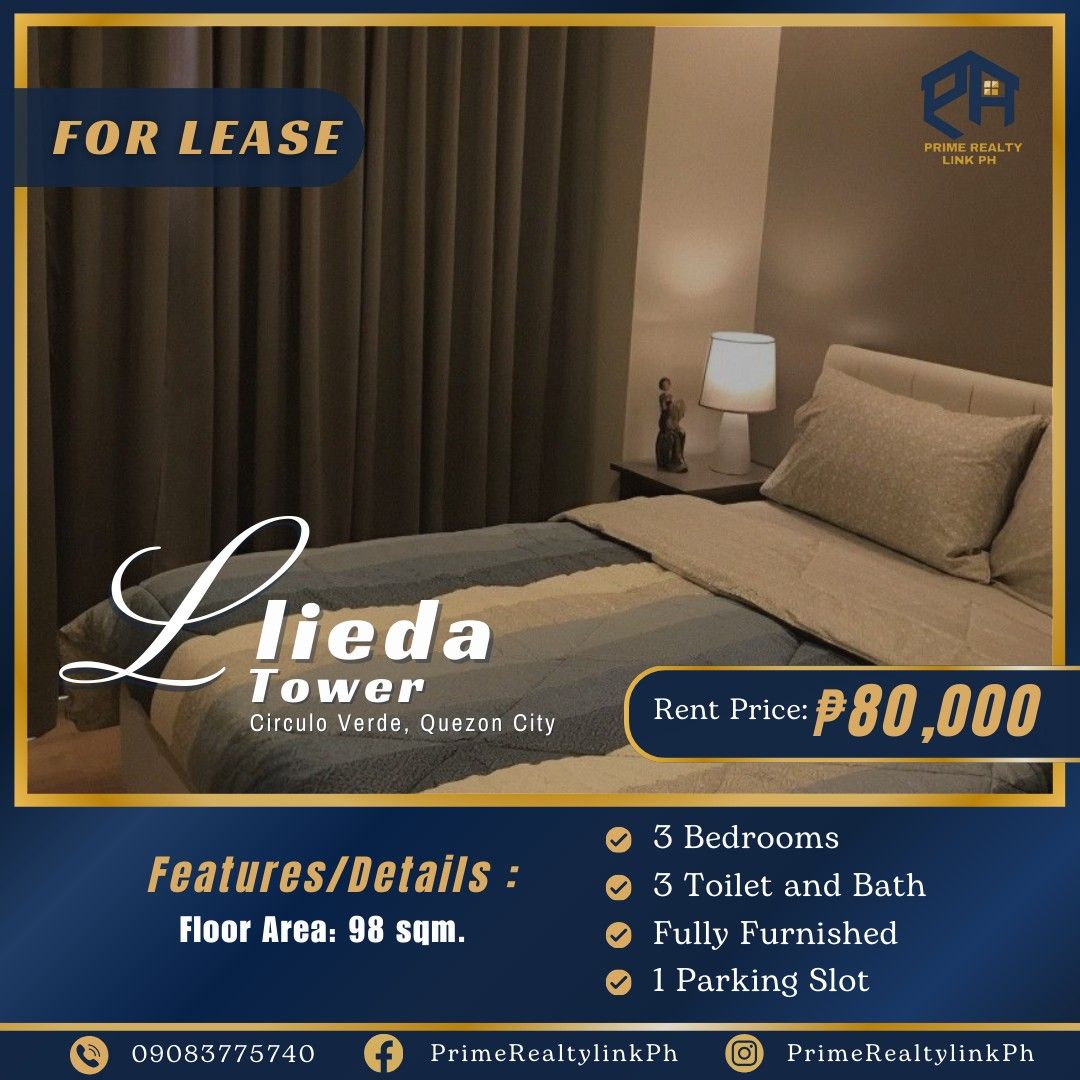 3BR in Lleida Tower Circulo Verde for Rent (Category: Apartments & Condos) located in Caloocan City. Submitted by primerealtylinkph (Listing ID 1291377579, Image 1). Description: FOR RENT: Lleida Tower at Circulo Verde Floor Area: 98 sqm. 3BR 3 Toilet and Bath With Parking Slot Rent Price: ₱80,000/month For inquiries and more info, kindly contact: SARAH GUIMBAOLIBOT PRC 0020803 M: 09083775740.