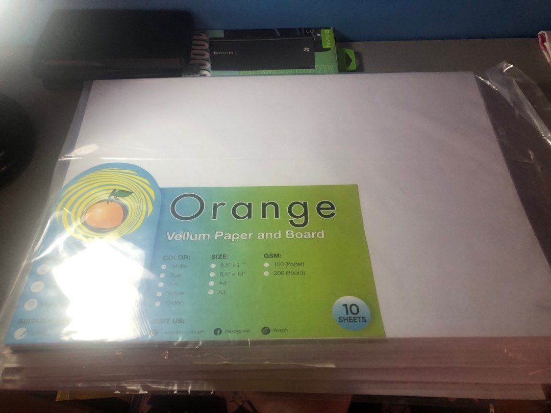 A3 Orange Vellum Paper/Board (10pcs each pack) (Category: Craft Supplies & Tools) located in Cabanatuan. Submitted by ryllebns (Listing ID 1351306876, Image 1). Description: - ₱35 ea, minimum of 2 packs only. - Take all for ₱400, 12 packs in total. (120pcs) If 200+ SF, sagot ko na 100 pesos..