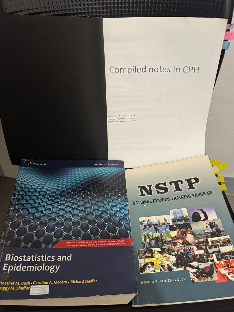 Biostatistics and Epidemiology, NSTP, Compiled Noted in CPHM (Category: Textbooks) located in San Jose del Monte. Submitted by herrspoppy_champ (Listing ID 1351416162, Image 1). Description: Negotiable. For take all. Medtech books (1st/2nd yr OLFU).
