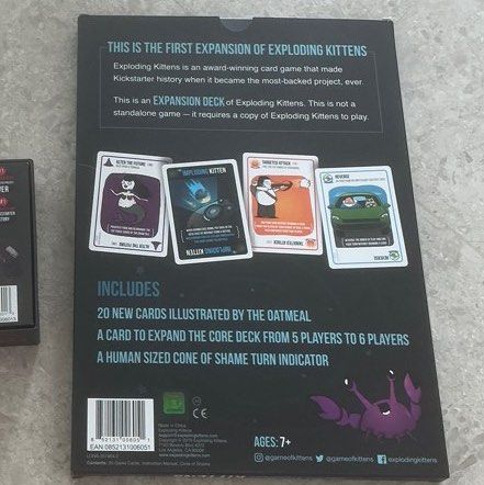 Imploding Kittens (Category: Board Games & Puzzles) located in Singapore. Submitted by jpinsg (Listing ID 1346387242, Image 2). Description: Imploding Kittens is the expansion pack and brand new. Card is still inside plastic. This allows players to be increased to 6. Exploding Kittens.