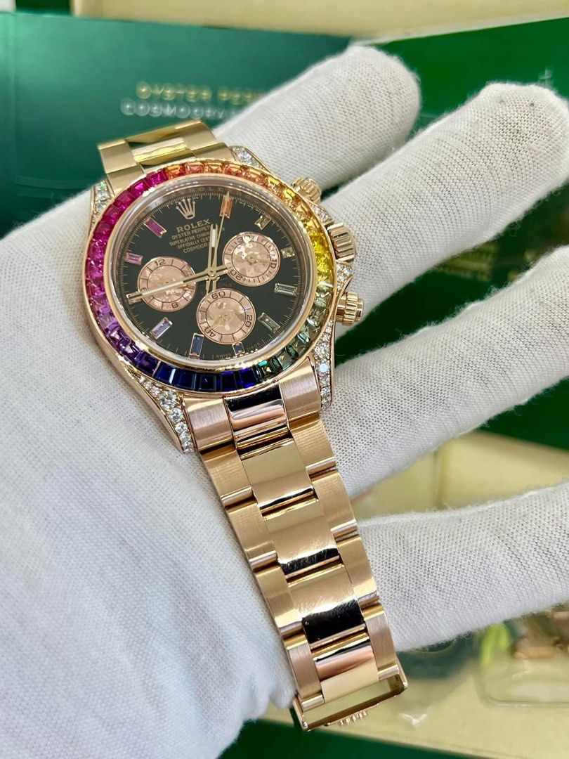 rolex daytona solid gold (Category: Luxury Watches) located in Cabanatuan. Submitted by albertgonzales27 (Listing ID 1351295971, Image 1). Description: Daytona Rosegold Rainbow 🌈🌈🌈 Reference 116505 2015 year model 40mm case size Custom 9.5/10 mint condition Full set Trades accepted up or down Multiple trades ok Trade to cars ok P3,480,000 only.