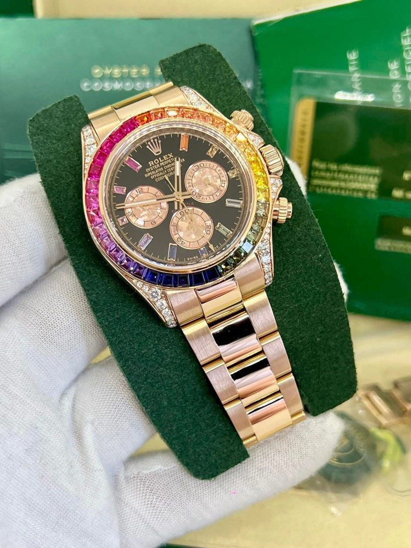 rolex daytona solid gold (Category: Luxury Watches) located in Cabanatuan. Submitted by albertgonzales27 (Listing ID 1351295971, Image 2). Description: Daytona Rosegold Rainbow 🌈🌈🌈 Reference 116505 2015 year model 40mm case size Custom 9.5/10 mint condition Full set Trades accepted up or down Multiple trades ok Trade to cars ok P3,480,000 only.