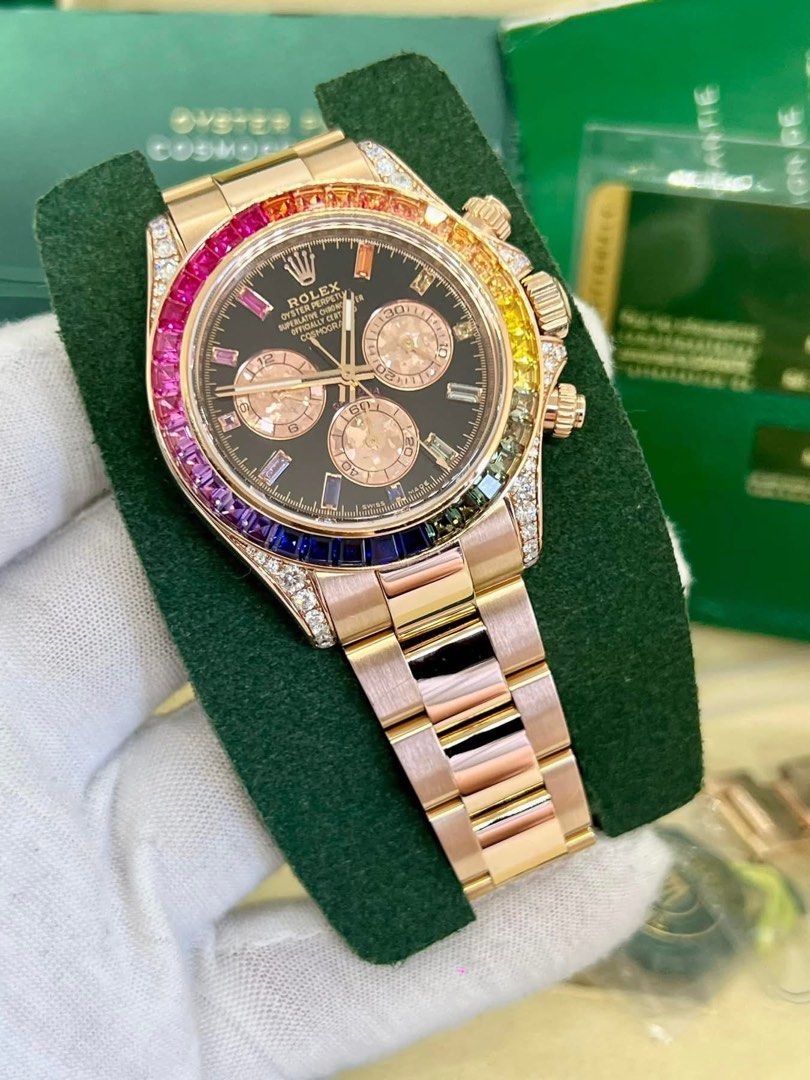 rolex daytona solid gold (Category: Luxury Watches) located in Cabanatuan. Submitted by albertgonzales27 (Listing ID 1351295971, Image 3). Description: Daytona Rosegold Rainbow 🌈🌈🌈 Reference 116505 2015 year model 40mm case size Custom 9.5/10 mint condition Full set Trades accepted up or down Multiple trades ok Trade to cars ok P3,480,000 only.