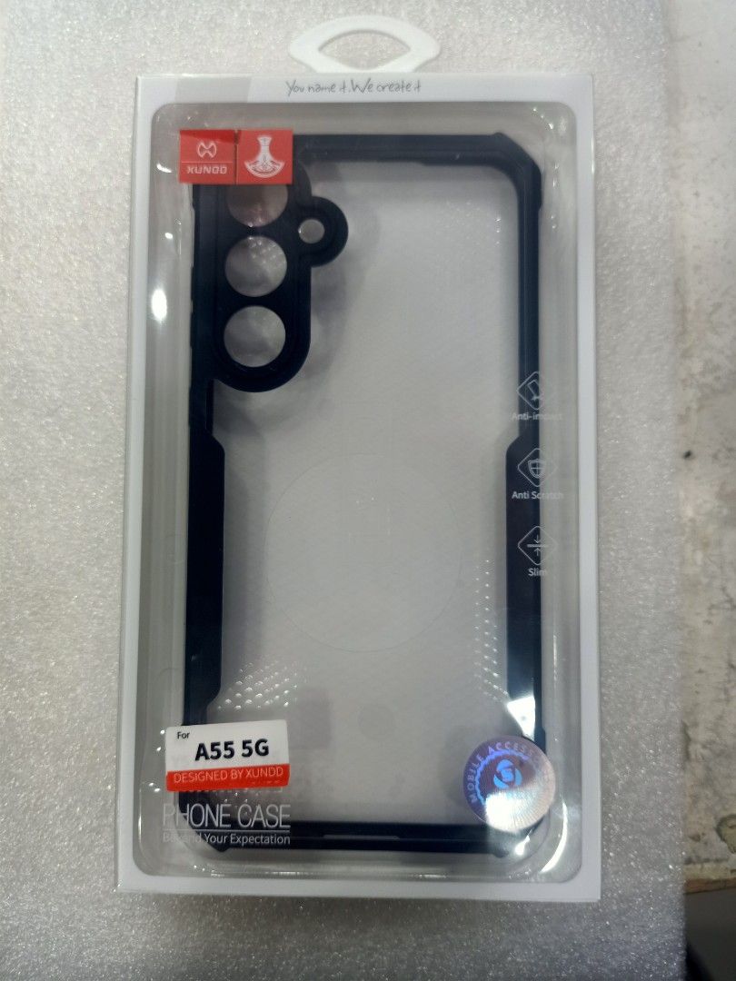 Samsung A55 Case (Category: Cases & Sleeves) located in Pasig City. Submitted by teppei09 (Listing ID 1351283711, Image 1). Description: -Original Xunod Case -Shock Proof -No Color Fading -Perfect Fit.