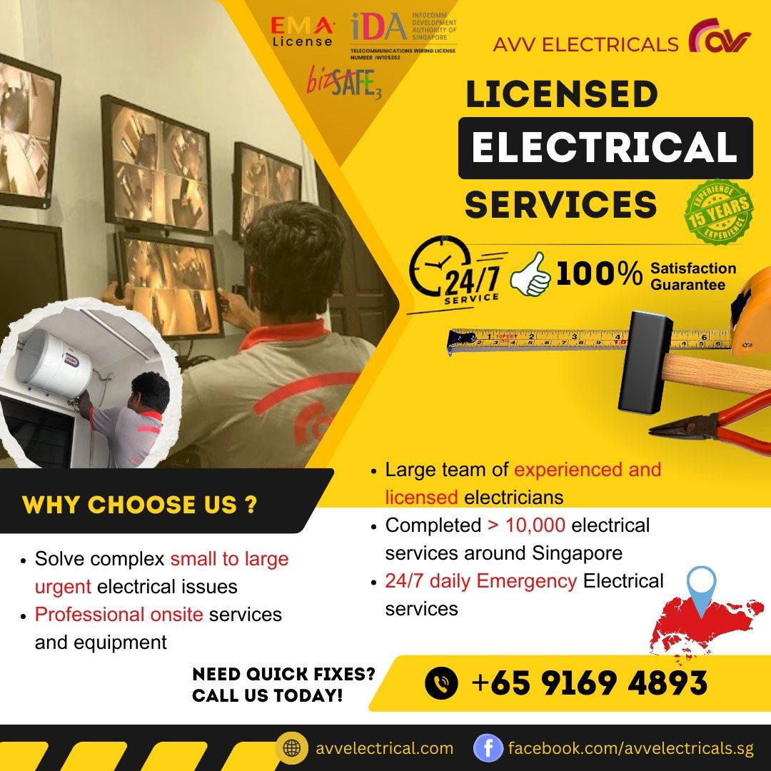 24/7 Electrical services/Home Re-wiring, Emergency Islandwide Licensed Electrician Services in Singapore - HDB, Landed, Office, Condo, Commercial, Industrial,Office,/Electrical services/Power Trip/Home power failure/Commercial electrical (Category: Lighting & Electrical Services) located in Singapore. Submitted by avvelectricals (Listing ID 1351485327, Image 2). Description: 24/7 Certified and EMA Licensed Electrician - Emergency Electrical Solut