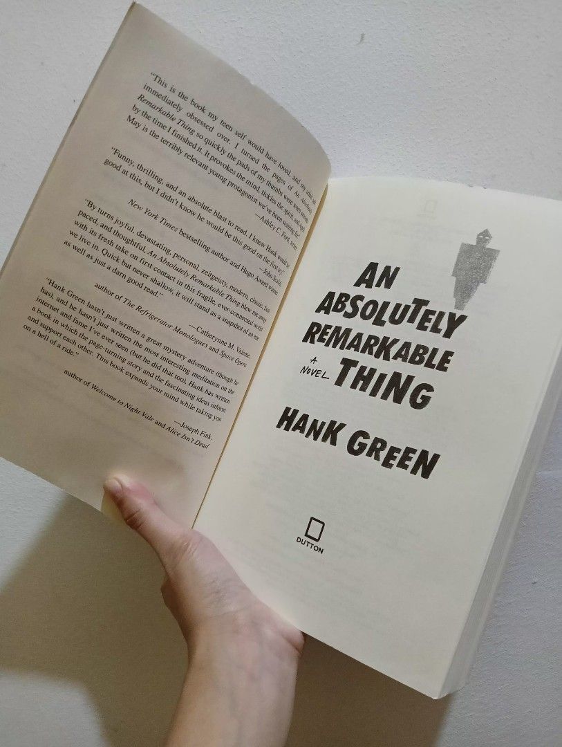 An Absolutely Remarkable Thing by Hank Green (Category: Storybooks) located in Quezon City. Submitted by kcurbs (Listing ID 1351465873, Image 3). Description: Paperback An Absolutely Remarkable Thing by Hank Green Bought new from NBS. Covered in plastic cover. Location: QC MoP: GCash or BPI MoD: Grab, Lalamove, LBC.