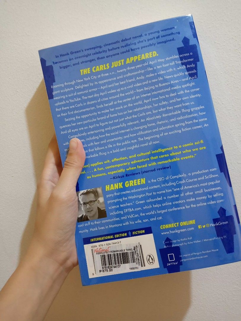 An Absolutely Remarkable Thing by Hank Green (Category: Storybooks) located in Quezon City. Submitted by kcurbs (Listing ID 1351465873, Image 2). Description: Paperback An Absolutely Remarkable Thing by Hank Green Bought new from NBS. Covered in plastic cover. Location: QC MoP: GCash or BPI MoD: Grab, Lalamove, LBC.