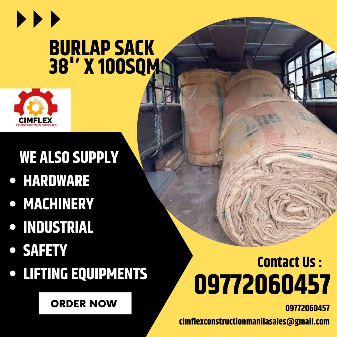 burlap sack 38'' x 100sqmeter (Category: Construction & Building Materials) located in Caloocan City. Submitted by cimflexcon63754 (Listing ID 1351436234, Image 1). Description: burlap sack 38'' x 100sqmeter = = for more details and inquiry contact us @ 0977 206 0457 Look for Inah .