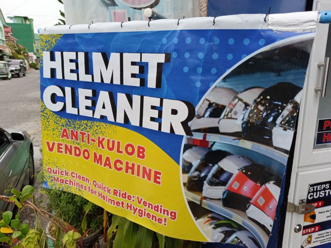 Helmet Vendo Cleaning machine (Category: Helmets and other Riding Gears) located in San Pedro. Submitted by all_gooditems (Listing ID 1351518368, Image 3). Description: With power relay kaya mababa lang consume ng machine naka standby lang kapag walang gumagamit -Includes helmet cage almost 5k value - Accepts old/new coins (5,10,20) -With free 1 Gallon cleaner - Tarpulin.