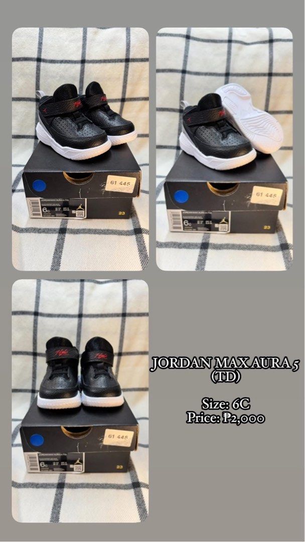 Jordan max aura 5 TD (Category: Babies & Kids Fashion) located in Cavite. Submitted by queenkaikim (Listing ID 1351543038, Image 1). Description: ❌❌Auto-pass to lowballers❌❌ 👉🏻 haggle responsibly🤌🏻 Shipping options: to be shouldered by buyer. LBC, lalamove, grab or J&T Meet up is available if items purchased are ₱2,000 or more within Carmona, GMA and Dasmariñas Cavite area only, or Marikina area (by schedule).