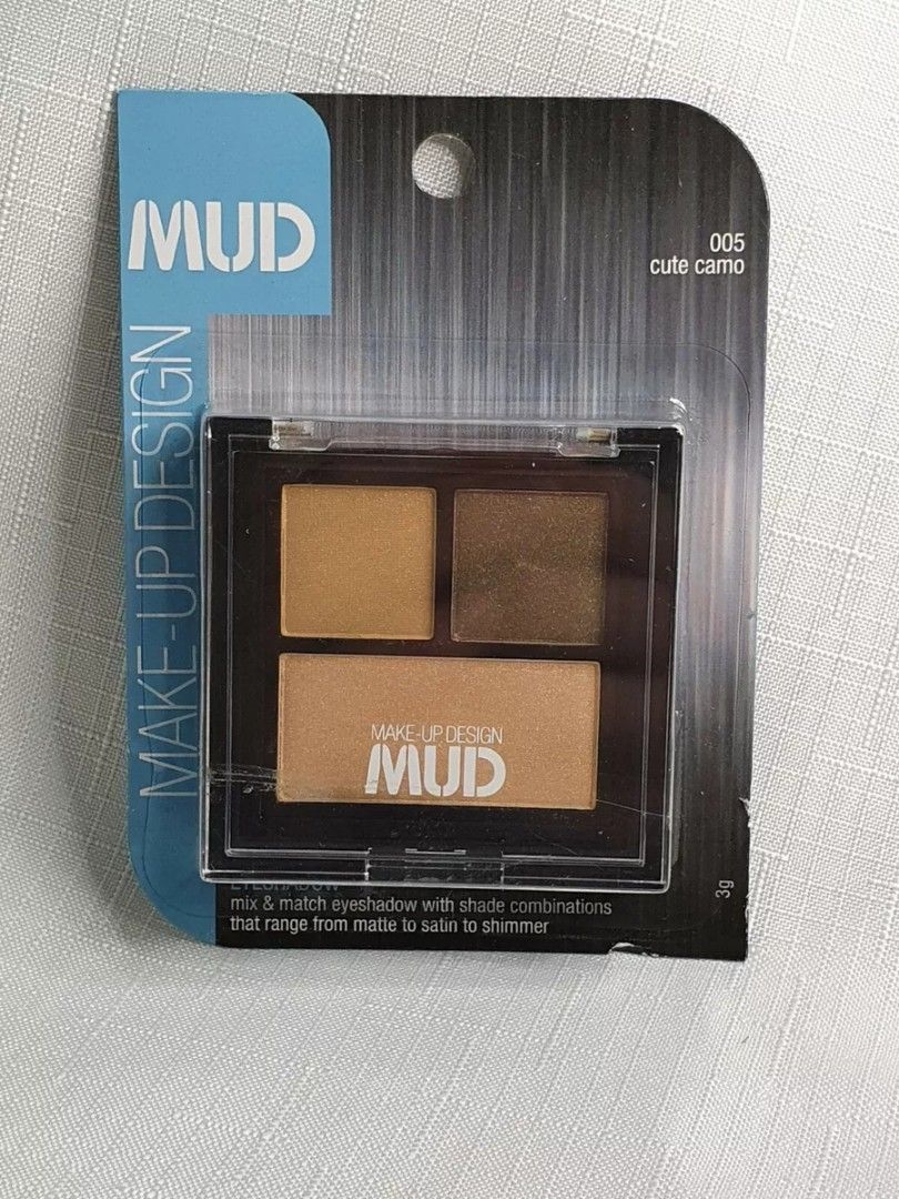 Mud Make Up Eyeshadow Trio (005 Cute Camo) (Category: Makeup) located in Quezon City. Submitted by beautynglamph (Listing ID 1351457081, Image 2). Description: Mud make-Up Design Eyeshadow Basic mix and match eyeshadows with shade combinations that range from matte to satin to shimmer. Ingredients: Talc, Mica, Magnesium Stearate, Dimethicone, Ethylhexyl Palmitate, Polyisobutene, Synthetic Wax, Paraffinum Liquidum, Methylparaben, Propylparaben, CI