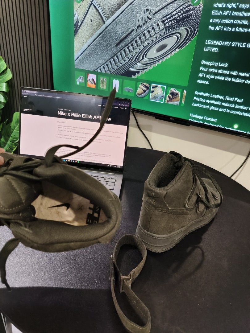 NIKE AIRFORCE ONE (Category: Casual Shoes) located in Taguig. Submitted by chatron (Listing ID 1351501931, Image 3). Description: Nike Air Force 1 High SP x Billie Eilish in the "Mushroom" or "Sequoia" colorway. This collaboration between Billie Eilish and Nike reimagines the classic Air Force 1 with a unique design featuring: Multiple Velcro straps across the upper for a bold, futuristic aesthetic. Sustainable materials, including synthetic nubu