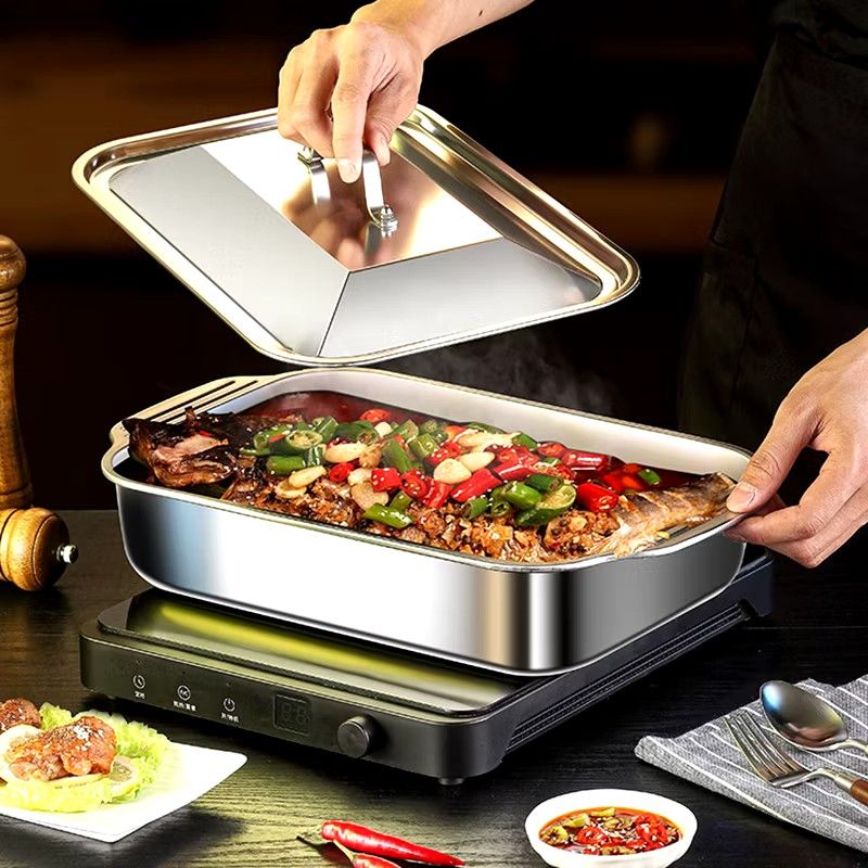 Rectangular Grill Pan with Lid Stainless Steel Roasting Baking Tray Deep Serving Platter (Category: Cookware & Accessories) located in Manila. Submitted by cristytah (Listing ID 1351508305, Image 1). Description: Size: 41cm x 28cm x 8cm Stainless Steel Rectangular Grilled Pan w/Lid 【High-Quality Stainless Steel Roaster】: The roasting pan is made of premium stainless steel material, ensuring durability and longevity. It is perfect for cooking vari