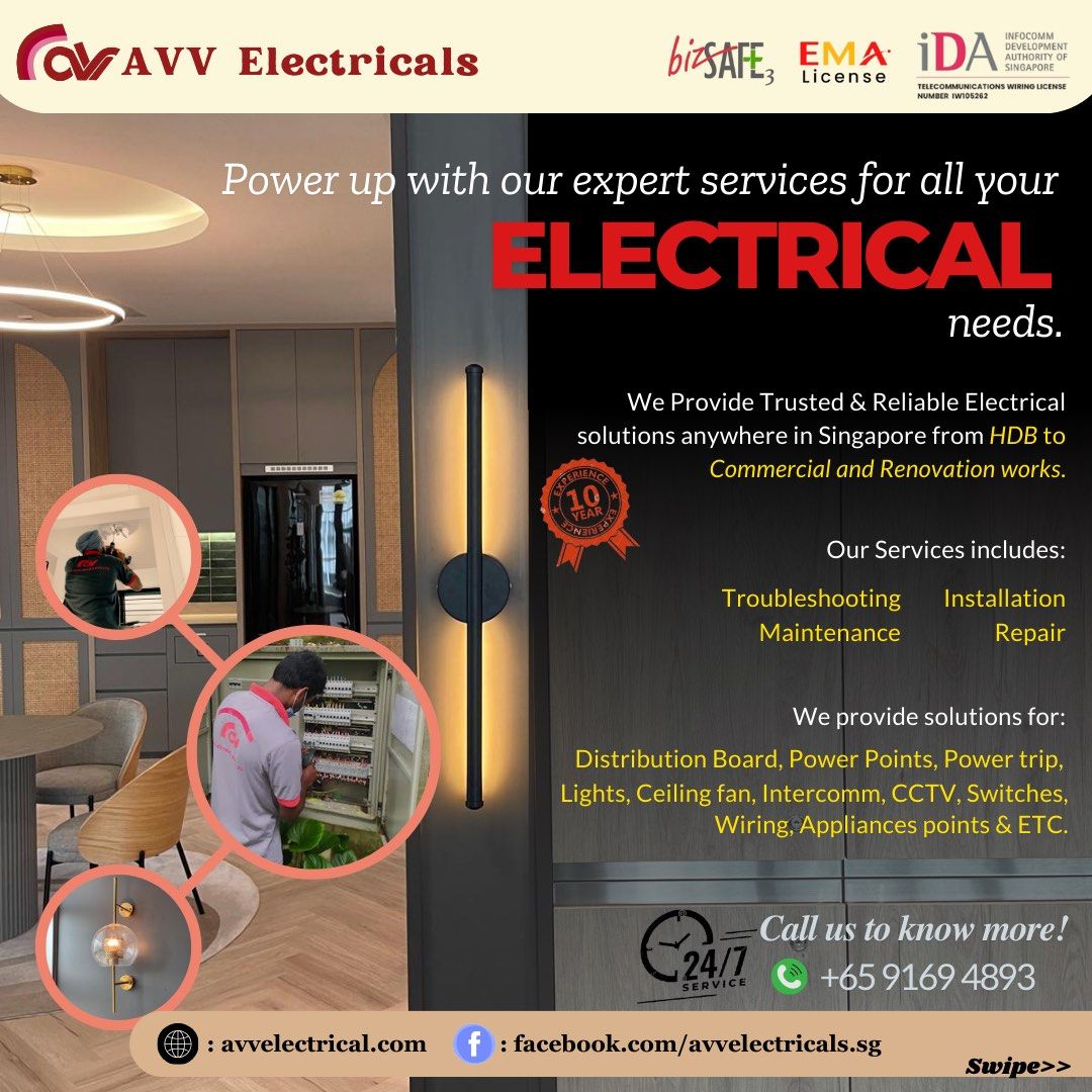Sg electrical/Avv electrical/24/7Electrical services/Home Re-wiring, Emergency Islandwide Licensed Electrician Services in Singapore - HDB, Landed, Office, Condo, Commercial, Industrial,Office,/Electrical services/Power Trip (Category: Lighting & Electrical Services) located in Singapore. Submitted by avvelectricals (Listing ID 1351484974, Image 1). Description: 24/7 Certified and EMA Licensed Electrician - Emergency Electrical Solutions Across A