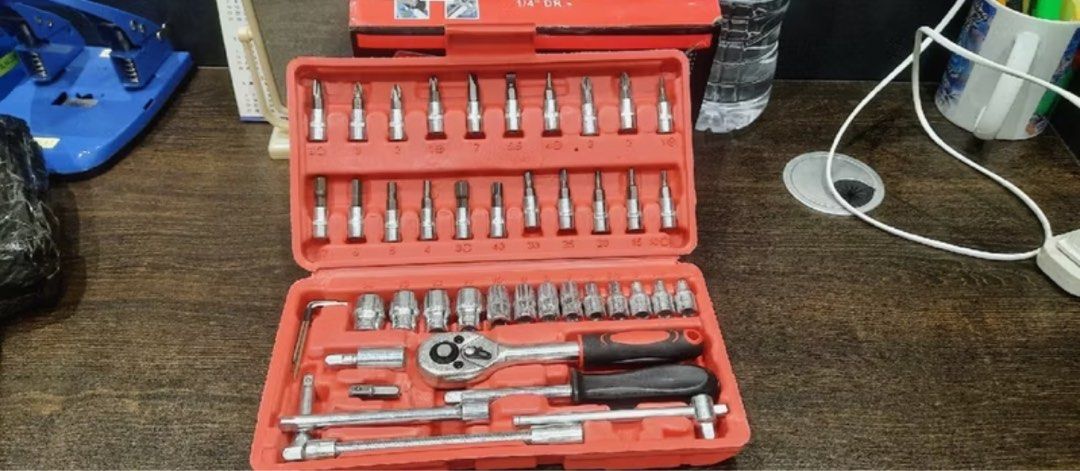 Tool set with box (Category: Home Improvement Tools & Accessories) located in Manila. Submitted by drinlima (Listing ID 1351550672, Image 1). Description: Tool set 46 in 1 box Heavy duty With casing For pick up delivery via lalamove your booking, same day delivery Trusted seller see rating Pm me if interested .