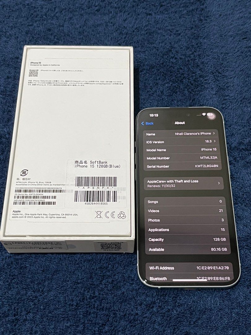 IPHONE 15 128gb (Japan) - 99% bh (Category: iPhone 15 Series) located in Quezon City. Submitted by enceysperfume (Listing ID 1351669847, Image 2). Description: For sale: IPHONE 15 (128GB) w/ Apple Care+ with Theft and Loss (valid until November 2032) Model: IPHONE 15 Japan Variant (Open Line) Color: Blue Storage: 128GB Battery Health: 99% First use: December 2024 (still young and fresh) Condition: 10/10. Can pass as brandnew. No scratches, No hai