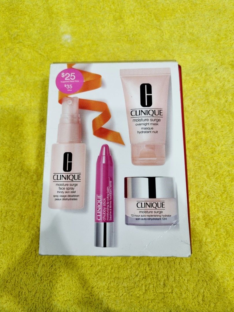 CLINIQUE SET BUNDLE (Category: Face Care) located in Manila. Submitted by luxeclassyshop (Listing ID 1351687514, Image 1). Description: CLINIQUE SET BUNDLE - MOISTURE SURGE OVERNIGHT MASK - MOISTURE SURGE FACE SPRAY - MOISTURE SURGE - CLINIQUE CHUBBY STICK.
