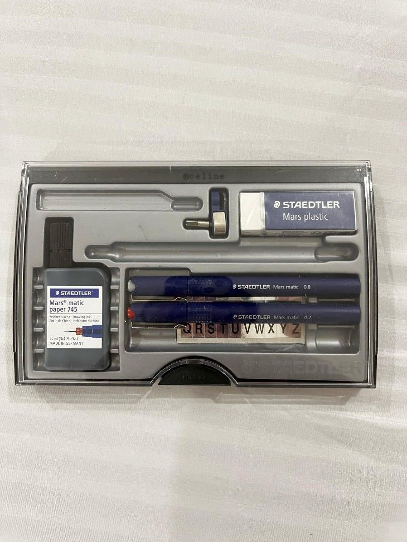 Staedtler Master Set with Compass & Triangles (Category: Stationery & School Supplies) located in Quezon City. Submitted by celine_25 (Listing ID 1351729844, Image 2). Description: •used only for 1 sem (less than 10 plates) • all in good condition • selling for SET only, no tingi Inclusions: Master Set - 0.2 Tech pen - 0.8 Tech pen - ink refill - eraser (unused) Staedtler Compass with Adaptor Triangle - 45x45 - 30x60.