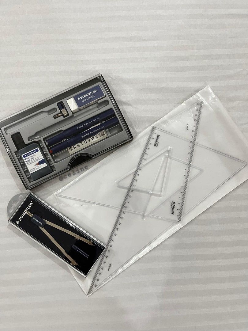 Staedtler Master Set with Compass & Triangles (Category: Stationery & School Supplies) located in Quezon City. Submitted by celine_25 (Listing ID 1351729844, Image 1). Description: •used only for 1 sem (less than 10 plates) • all in good condition • selling for SET only, no tingi Inclusions: Master Set - 0.2 Tech pen - 0.8 Tech pen - ink refill - eraser (unused) Staedtler Compass with Adaptor Triangle - 45x45 - 30x60.
