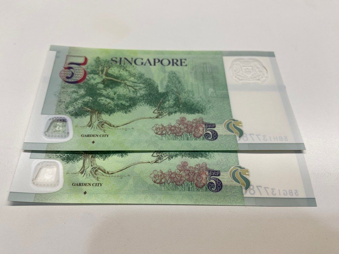 $5 Note (Category: Currency) located in Singapore. Submitted by jcatmoon (Listing ID 1351900496, Image 2). Description: Same number 2 $5 note with running alphabetical. Never been circulated. Rare find. .