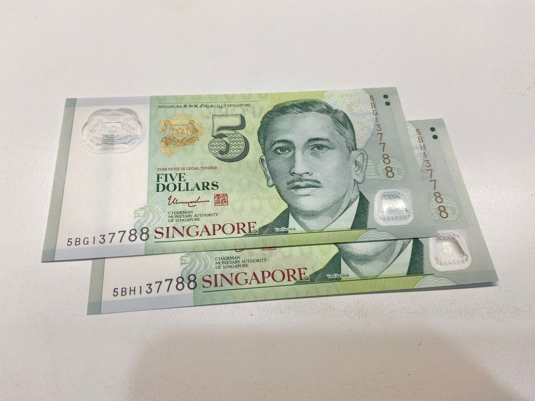 $5 Note (Category: Currency) located in Singapore. Submitted by jcatmoon (Listing ID 1351900496, Image 1). Description: Same number 2 $5 note with running alphabetical. Never been circulated. Rare find. .