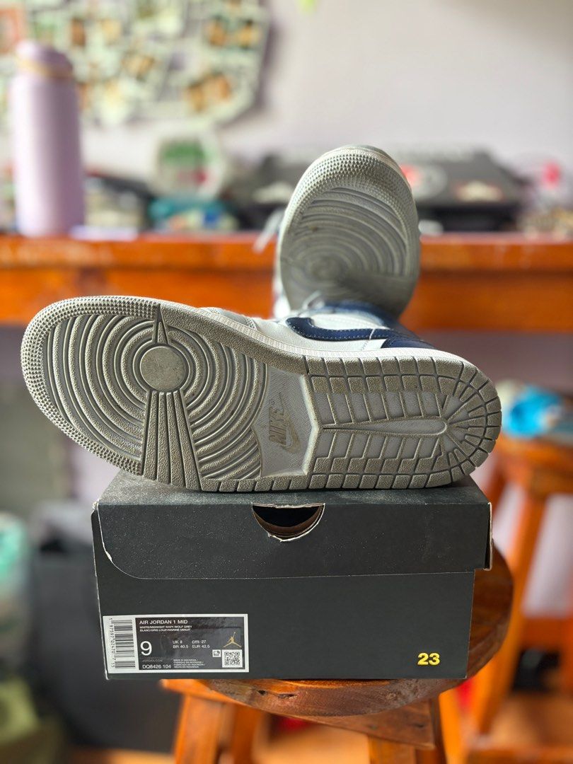 Air jordan 1 mid (light gray midnight navy) (Category: Sneakers) located in Cavite. Submitted by loon_a (Listing ID 1351798650, Image 3). Description: Air jordan 1 mid (light gray midnight navy) Size 9 No issues or flaws Actual photo posted MOP: GCASH MOD: J&T/same-day delivery.