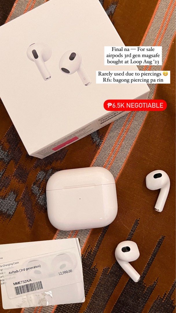 Airpods 3rd Gen magsafe (Category: Headphones & Headsets) located in Las Pinas. Submitted by shop.meriescloset (Listing ID 1351821681, Image 3). Description: Rfs: piercing so will switch to open ear or upgrade to max. Lightly used still due to daith and tragus piercings. Cable included never used Features Spatial audio with dynamic head tracking places sound all around you Adaptive EQ automatically tunes music to your ears All-new contoured desig