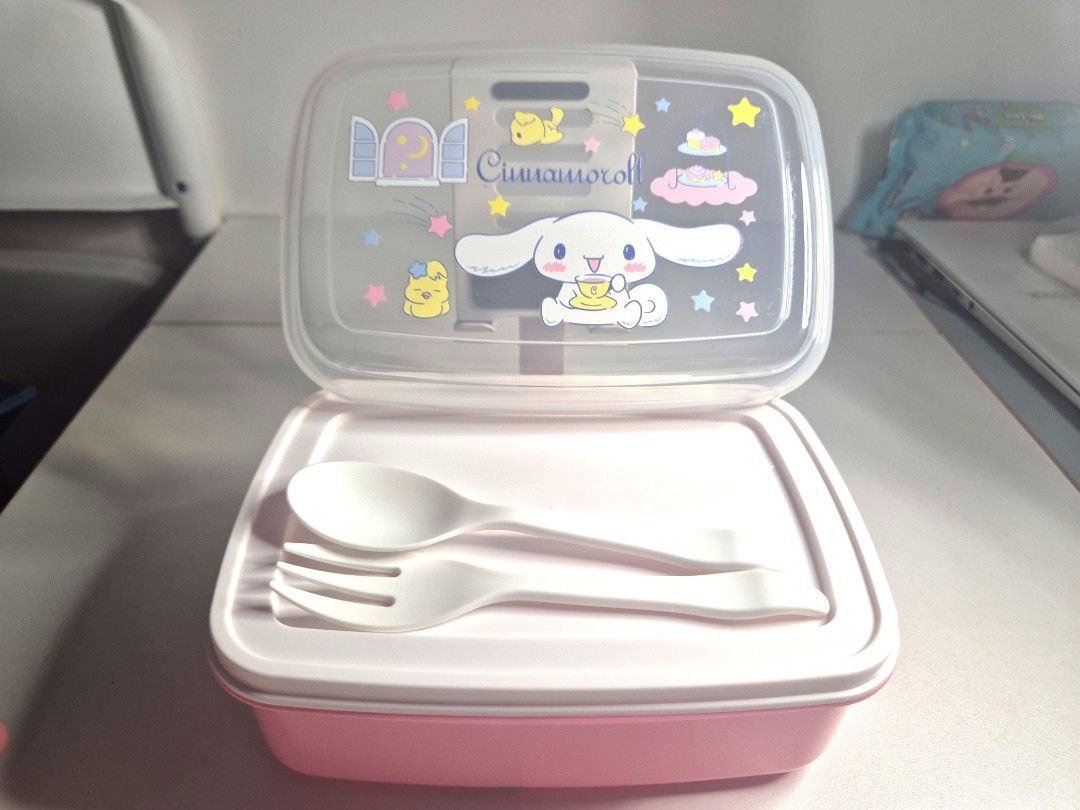 Cinnamoroll food storage (Category: Food Organization & Storage) located in Makati City. Submitted by Vnerrie (Listing ID 1351794910, Image 2). Description: BNEW cinmamoroll food storage. comes with spoon and fork. has partition. see pics. *dm for serious buyers.