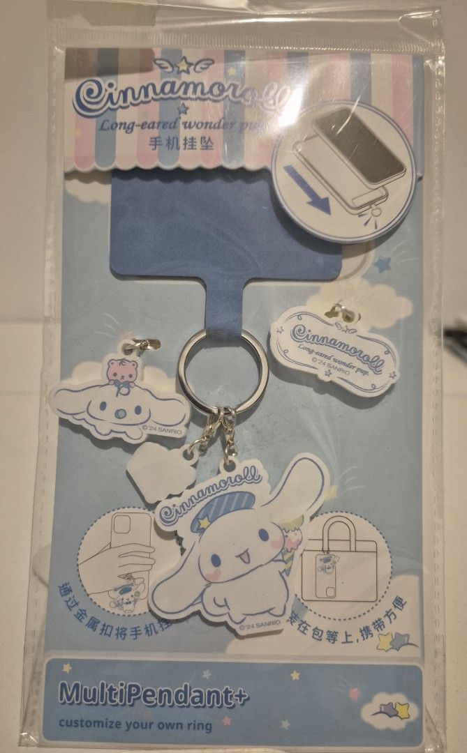 Cinnamoroll phone strap with charms (Category: Character Goods) located in Makati City. Submitted by Vnerrie (Listing ID 1351804615, Image 1). Description: Cinnamoroll phone strap with multi pendant charms that you can design in your own way. Brand New Sanrio licenss.