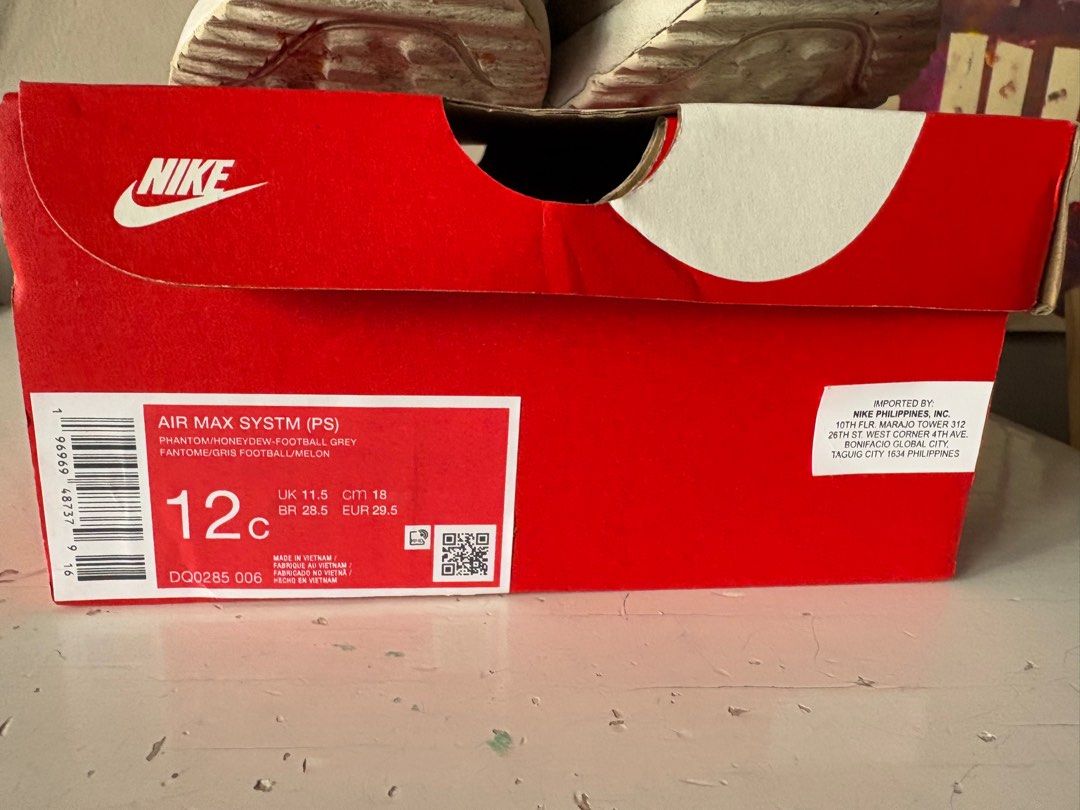 Nike Airmax 12C (Category: Babies & Kids Fashion) located in Marikina City. Submitted by erncm (Listing ID 1351832275, Image 3). Description: Brand: Nike Model: Airmax Color: phantom/honeydew-football gray Size: 12C Reason for selling: outgrown (Outside of shoes just needs cleaning) Bought this pair in Kidsports, Shang Mall.